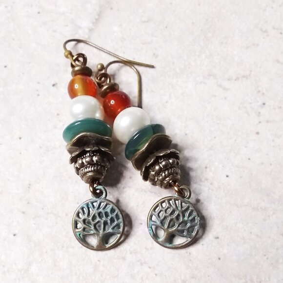 Agate Carnelian Faux Pearls + Patina'd Tree of Life Earrings - Upscale & Trendy - Picture 1 of 8